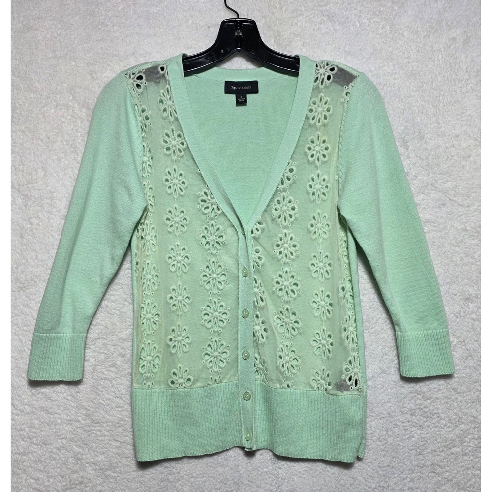 AB Studio Mint Green Floral Lace Front Button Cardigan Sweater Small